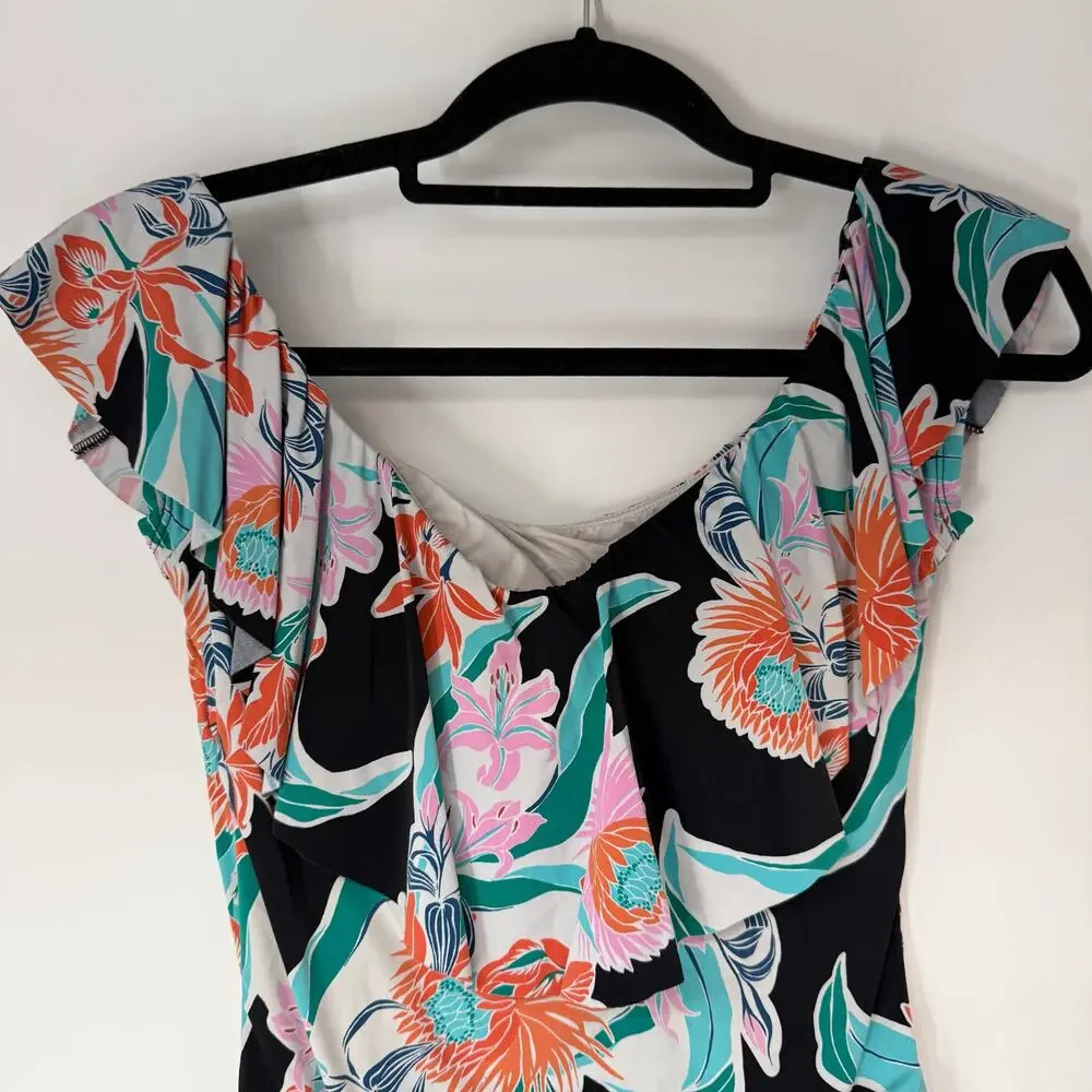 Trina Turk Off Shoulder One Piece Swimsuit Womens 8 Black Floral Ruffle Bandeau